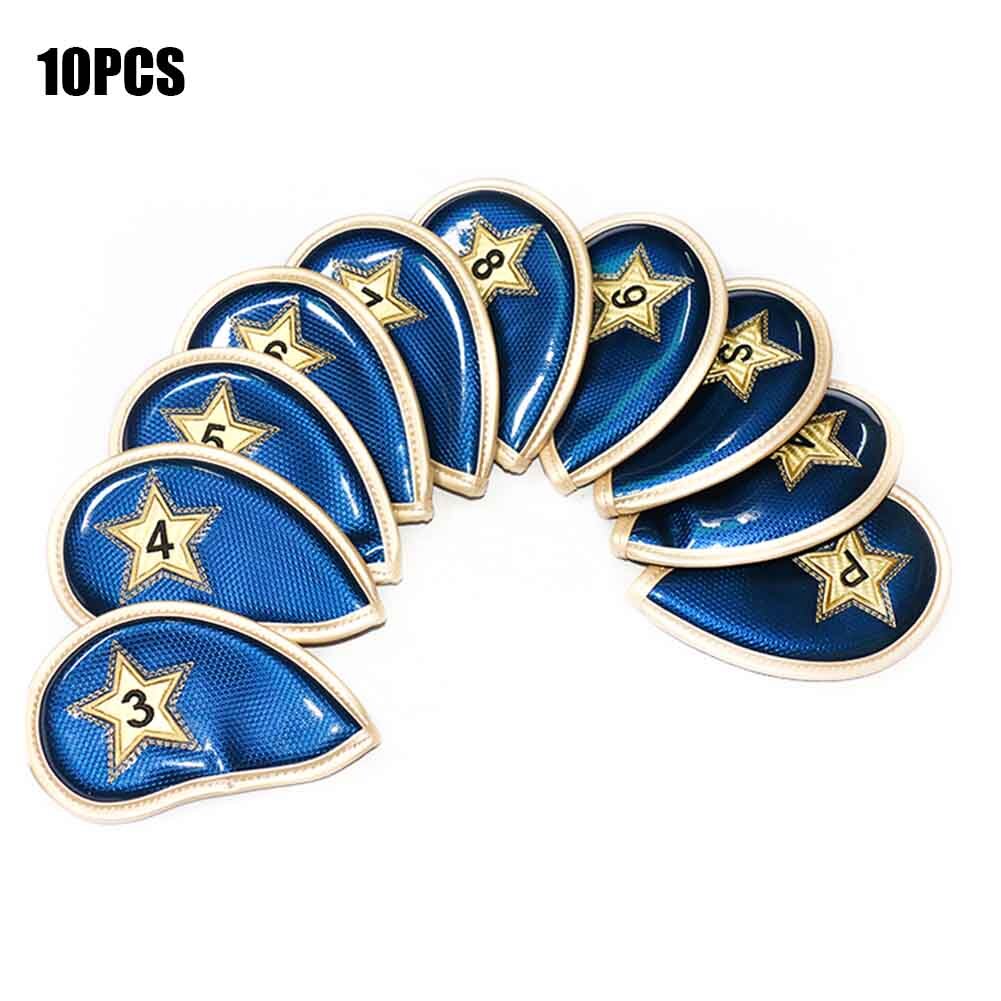 10pcs/set Soft For Club Training Aids Waterproof Durable Protective Case Golf Iron Head Covers PU Leather Portable: Blue