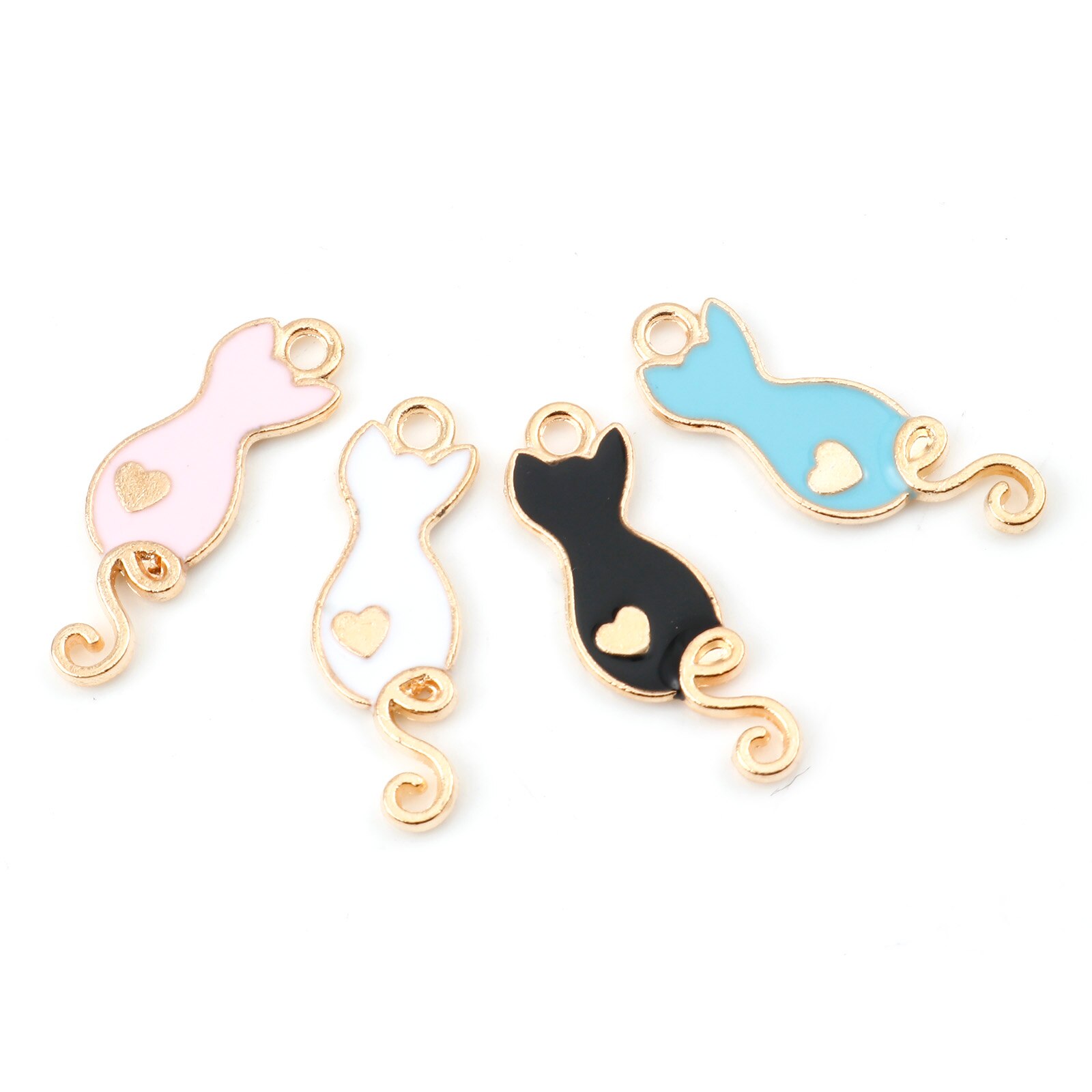 Pendentifs en métal couleur or, 20 pièces, en émail, mignon, dessin animé, chat, cœur, Animal, DIY, fabrication de bijoux, 25mm x 9mm