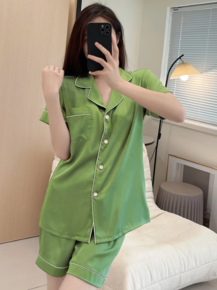 Summer Blue Women's Pajama Set Faux Stain Sleepwear V-neck Pyjama Button Top Shorts Slim 2-piece Female Nightgown Loungewear: L / PURPLE