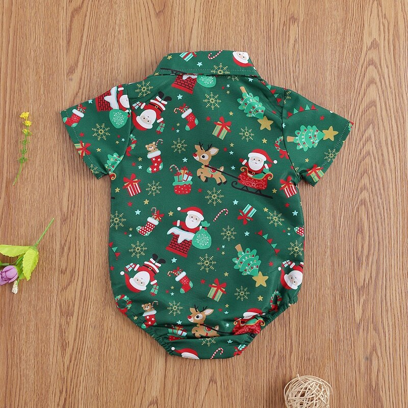 Newborn Baby Boys Summer Christmas Romper Short Sleeve Bow-tie Cartoon Pattern Jumpsuits for Kids Baby Boys