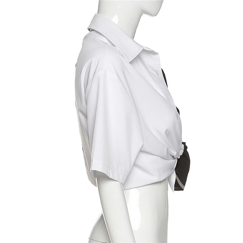 Haut court et décontracté avec boutons pour femmes, haut de nombril à contraste noir et blanc, t-shirt d'été