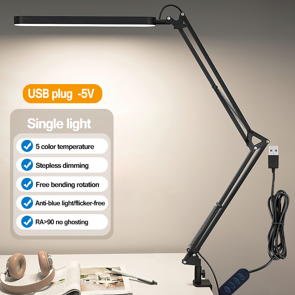 Led Opvouwbare Metalen Bureaulampclip Op Lichtklem Lange Arm Diming Tafellamp 3 Kleuren Verstelbaar Voor Leescomputers In De Woonkamer: Black