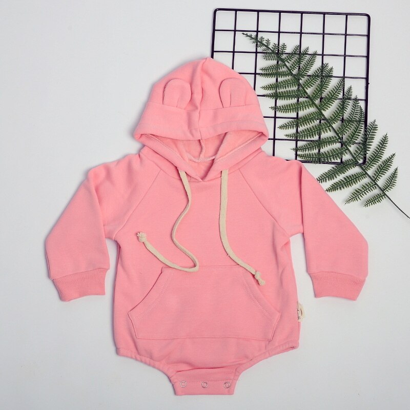2022 koreanische Baby-bodys Ich bin frühlingsstil für mädchen und jungen, einfarbig, langärmelig, mit bärenohren und kapuze, neugeborenenkleidung  e8405: Rosa / 100cm 24-36 monate