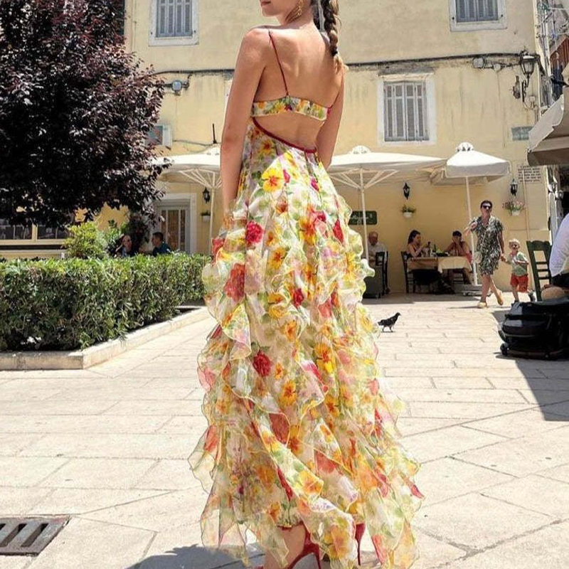 Spring Summer Floral Print Slim Chiffon Dress Female V Neck Ruffle Long Dress Sleeveless Party Dresses Vestidos