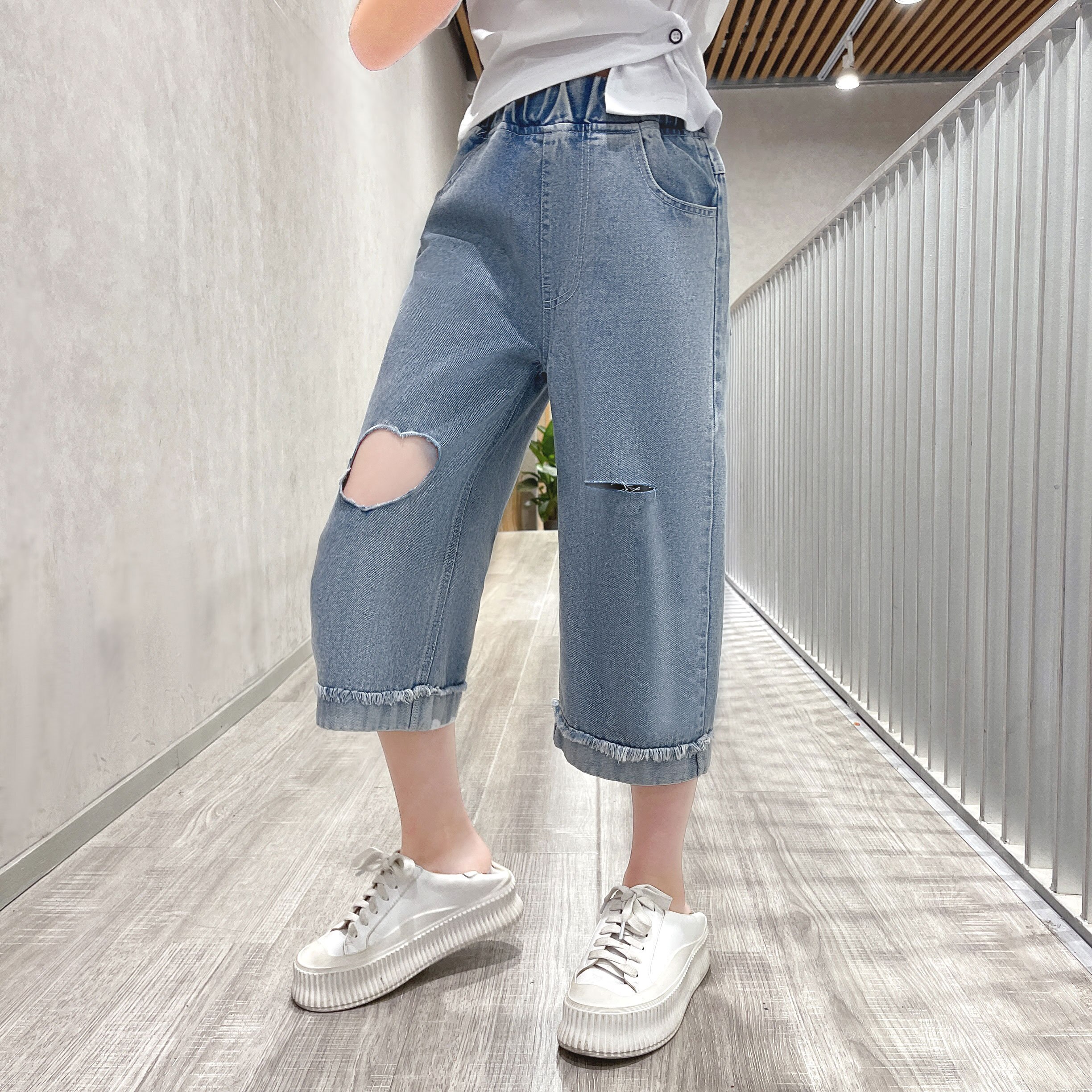 Jeans With Heart Hole Kids Girls Solid Color Thin Denim Capri Pants Teenager Summer Casual Style Student Trousers 4-14Y