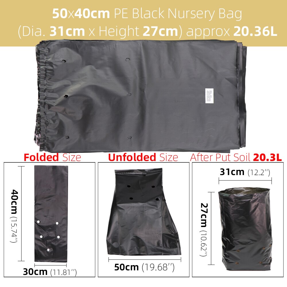 50/100Stck PE Verdicken Pflanze Wachsen Tasche Kindergarten Taschen Sämling Töpfe mit Atmungsaktive Löcher Schwarz Pflanzen Sack Umweltfreundliche garten: 50Stck / Schwarz 50x40cm