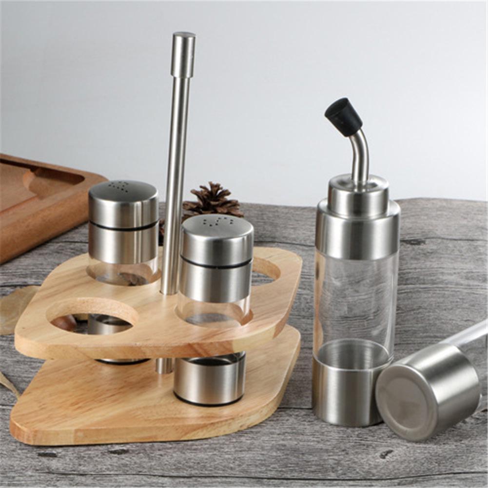 Kitchen Seasoning Bottle Set with Wooden Rack Translucent Pepper Bottle Holder Tools for Oil Salt Vinegar Soy Sauce Storage