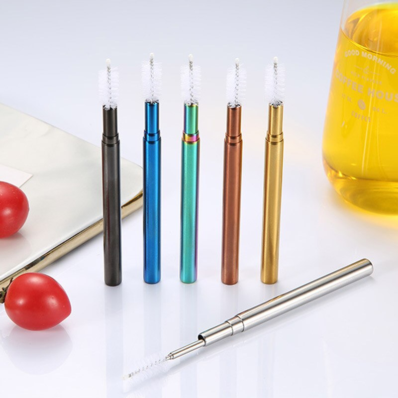 Reusable Stainless Steel Straws with Aluminum Keychain Case Cleaning Brush Collapsible Telescopic Portable Drinking Straws