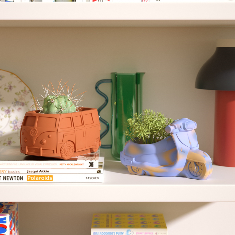 Siliconen mallen voor het maken van een kombi camperbus plantenpot, cementen tuindecoratie, italiaanse vintage motorfiets jesmonite tuinpotten
