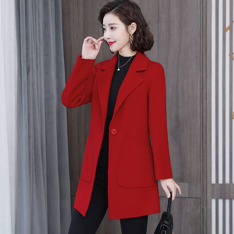 Woolen Coat Women&#39;s Mid-Length Slim 2022 Autumn And Winter Plus Size Women&#39;s Jacket: Red / XL