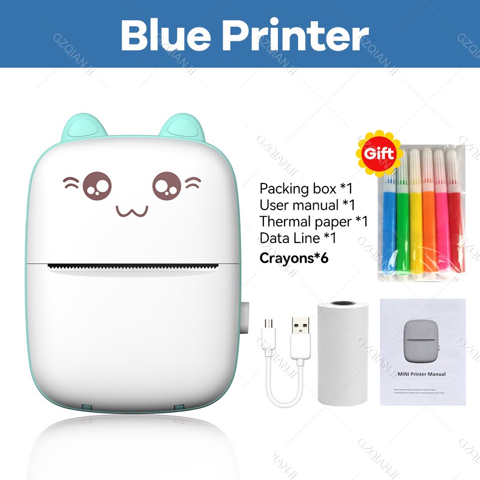 Thermal Printer 203DPI Portable Bluetooth 4.0 Thermal Photo Printer Wireless Inkless Mini Pocket Label Notes Printer With Papers: Blue Printer