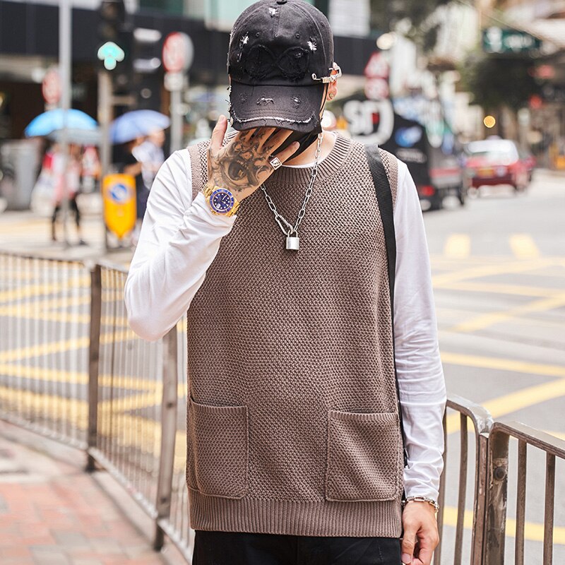 Singleroad oversized herre strikket genser vest herre vester harajuku hip hop gensere koreansk khaki ermeløs genser herre: Kaki genser herre / Asiatisk -3xl