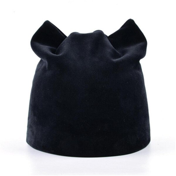 Kvinne vinter flanell skullies katt øre lue pluss fløyel tykk dobbeltlag varm lue hatt øre klaffer jenter søt lo strikk lokk: Svart