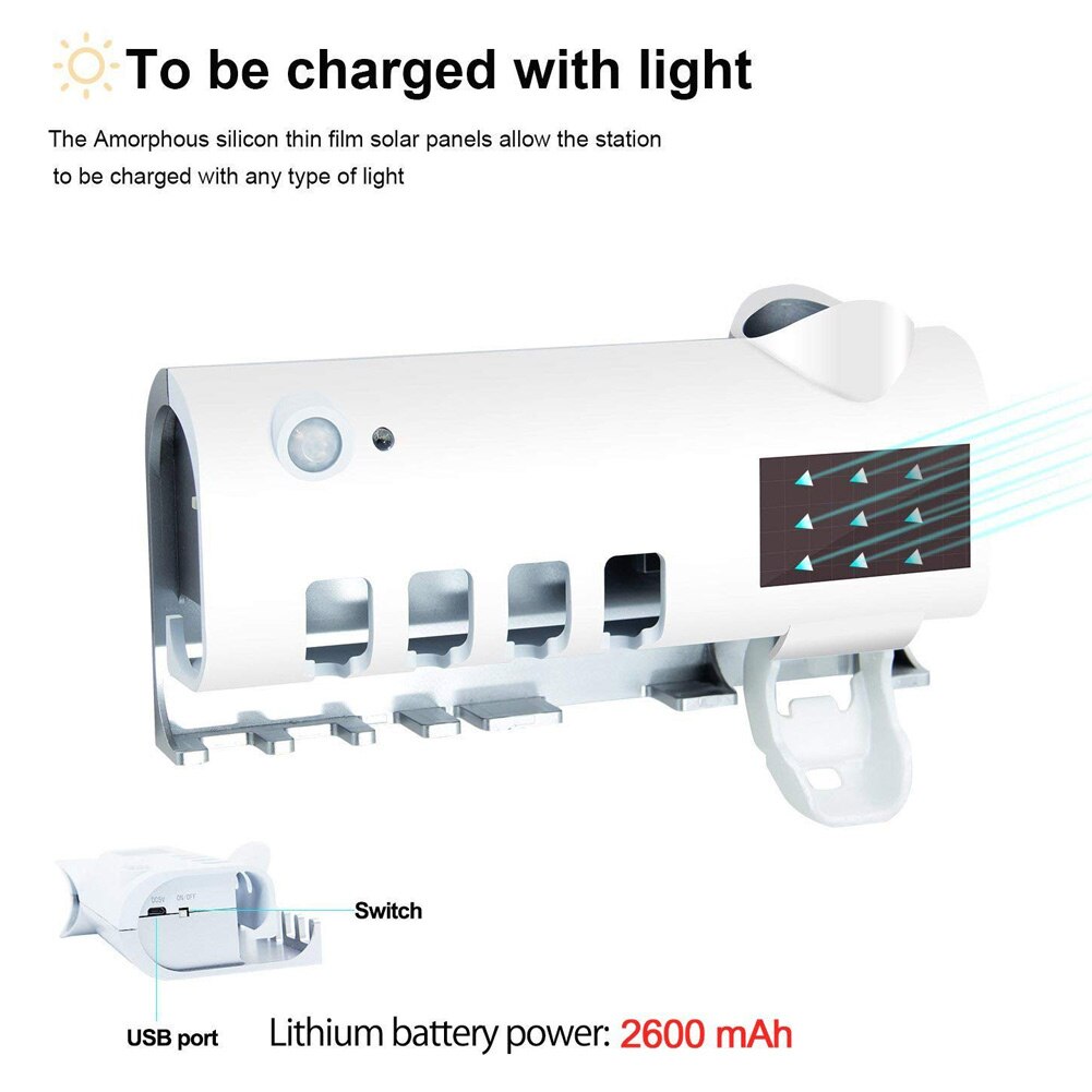 Solar Power Uv Desinfectie Tandenborstelhouder Wall Mount Automatische Tandpasta Dispenser Zgood