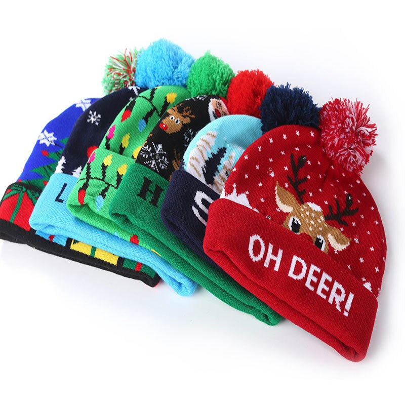 Gorros de Navidad para niños y adultos, gorro de punto de alce de Papá Noel, con luz LED, decoración Navidad, 1 ud.