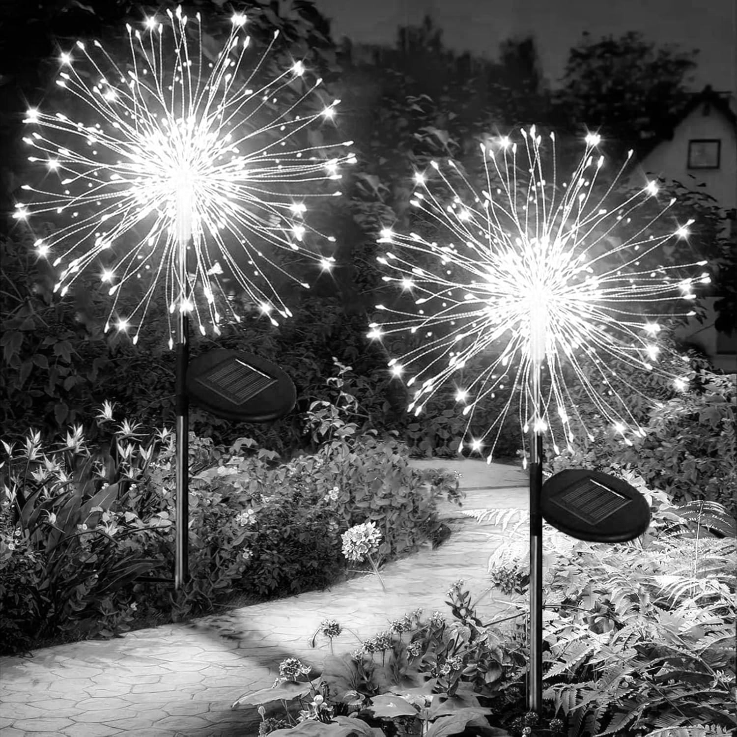 Luces solares para jardín al aire libre, 60/200/420LED, estaca de iluminación de diente de león, luz Solar de fuegos artificiales para decoración de césped de Navidad y Halloween: Color blanco cálido / 6-10 W
