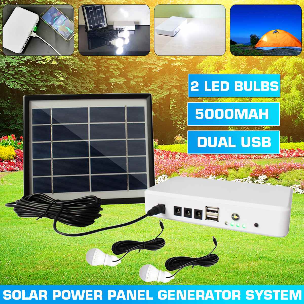 Solar Panel Generator Lighting Kit USB Solar Charger with 2 LED Light Bulb Emergency Light +5V 1.5A Output Phone Charger