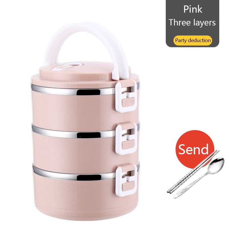 Container Stainless Steel Thermal Lunch Box Layers Sealed Grid Hidden Hand Tableware Students Adult Lunch Box: Square buckle three layers Northern Europe pink  with stainless steel chopsticks and spoon