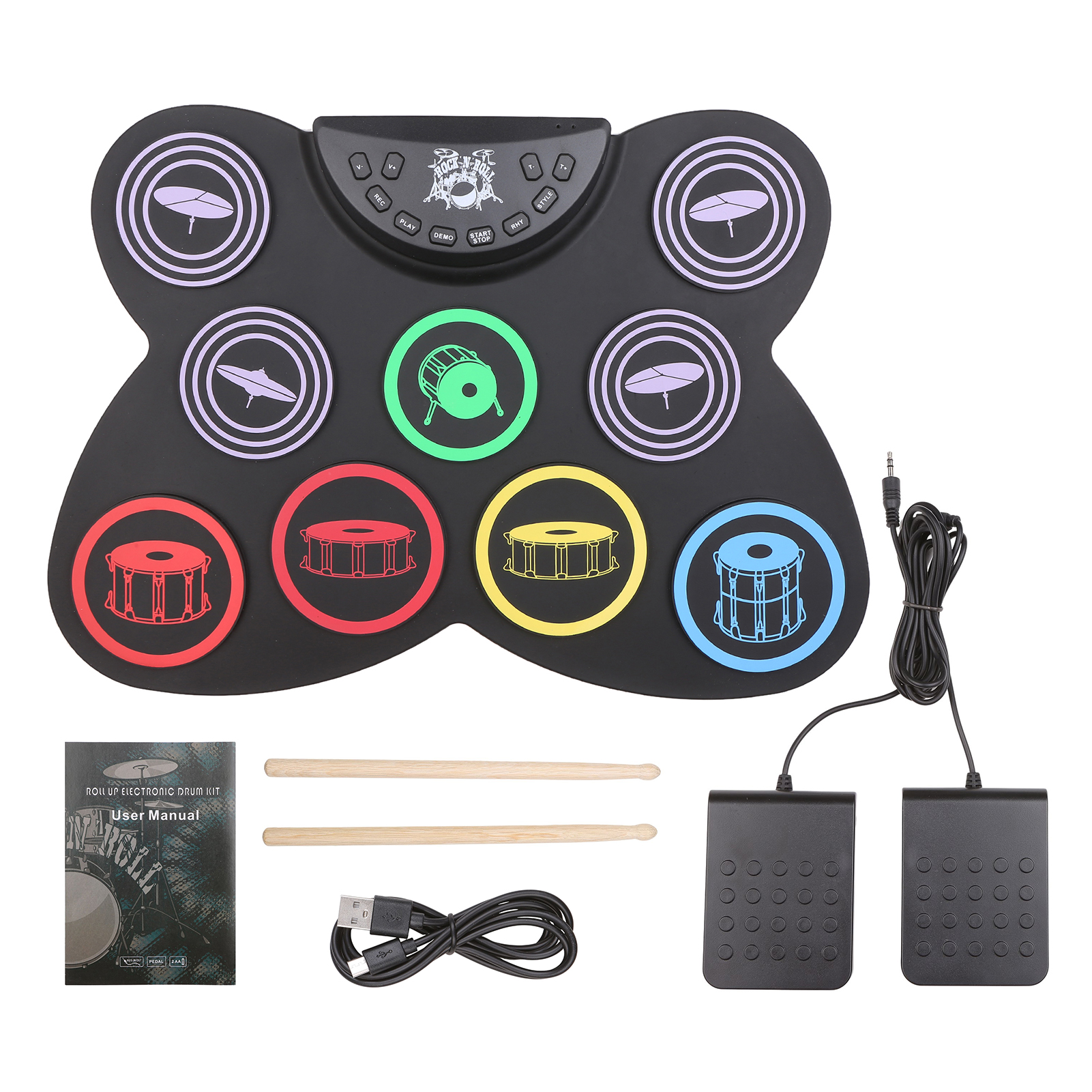 Ensemble de batterie électronique pliable en silicone, taille compacte, USB, coussin de batterie avec 9 tampons, pédales pour débutants