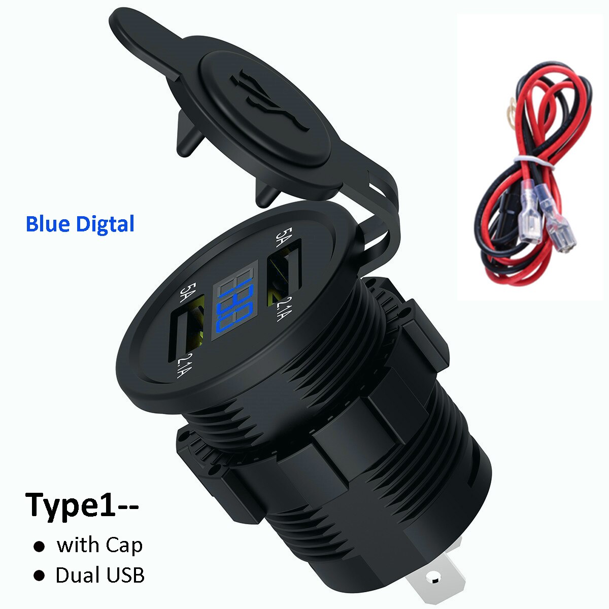 Prise allume-cigare de voiture, chargeur double USB pour téléphone portable, adaptateur universel avec couvercle: Type 1 --Blue