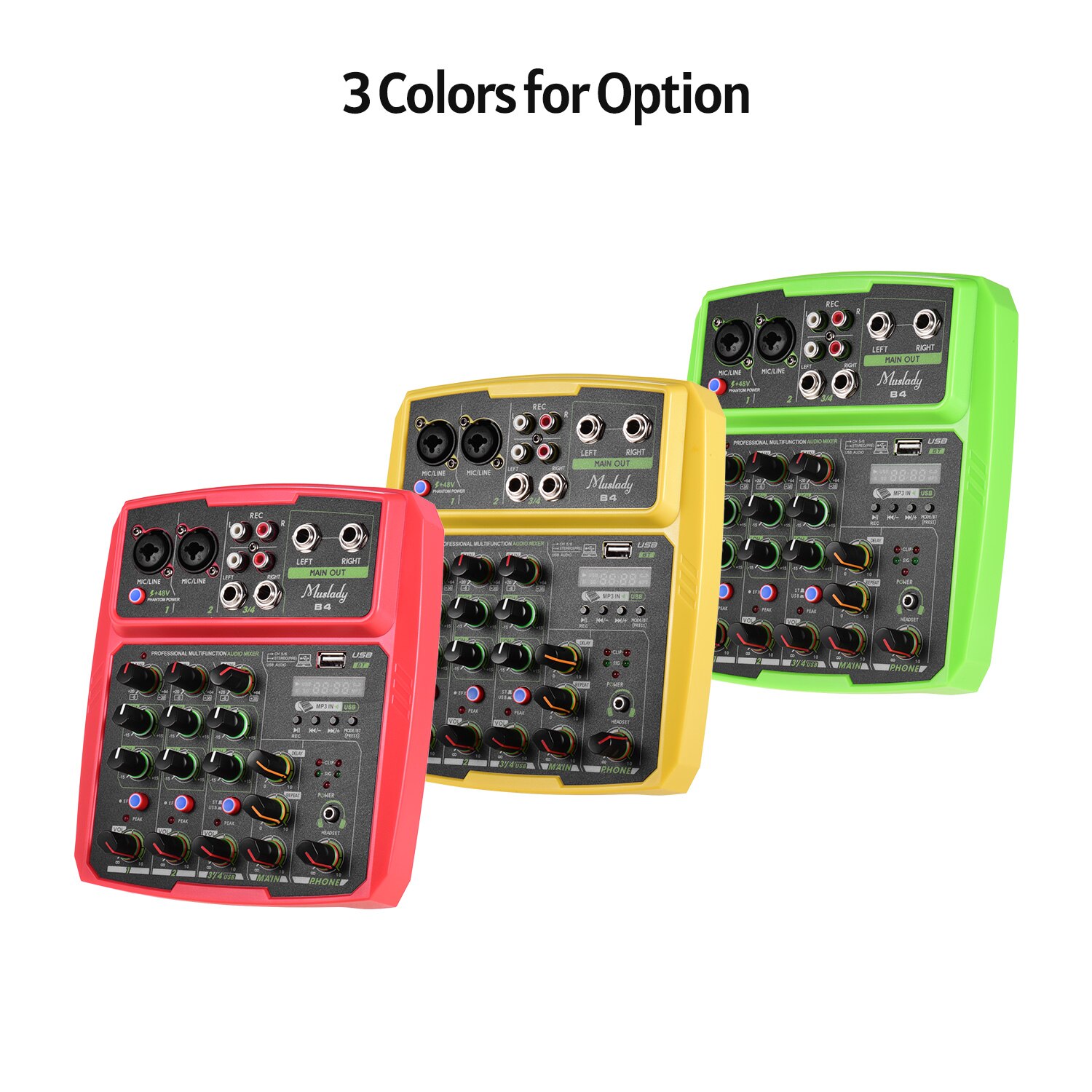 Muslady B4 Portable 4 Channels Audio Mixer USB Mixing Console Supports BT Connection with Sound Card Built-in 48V Phantom Power