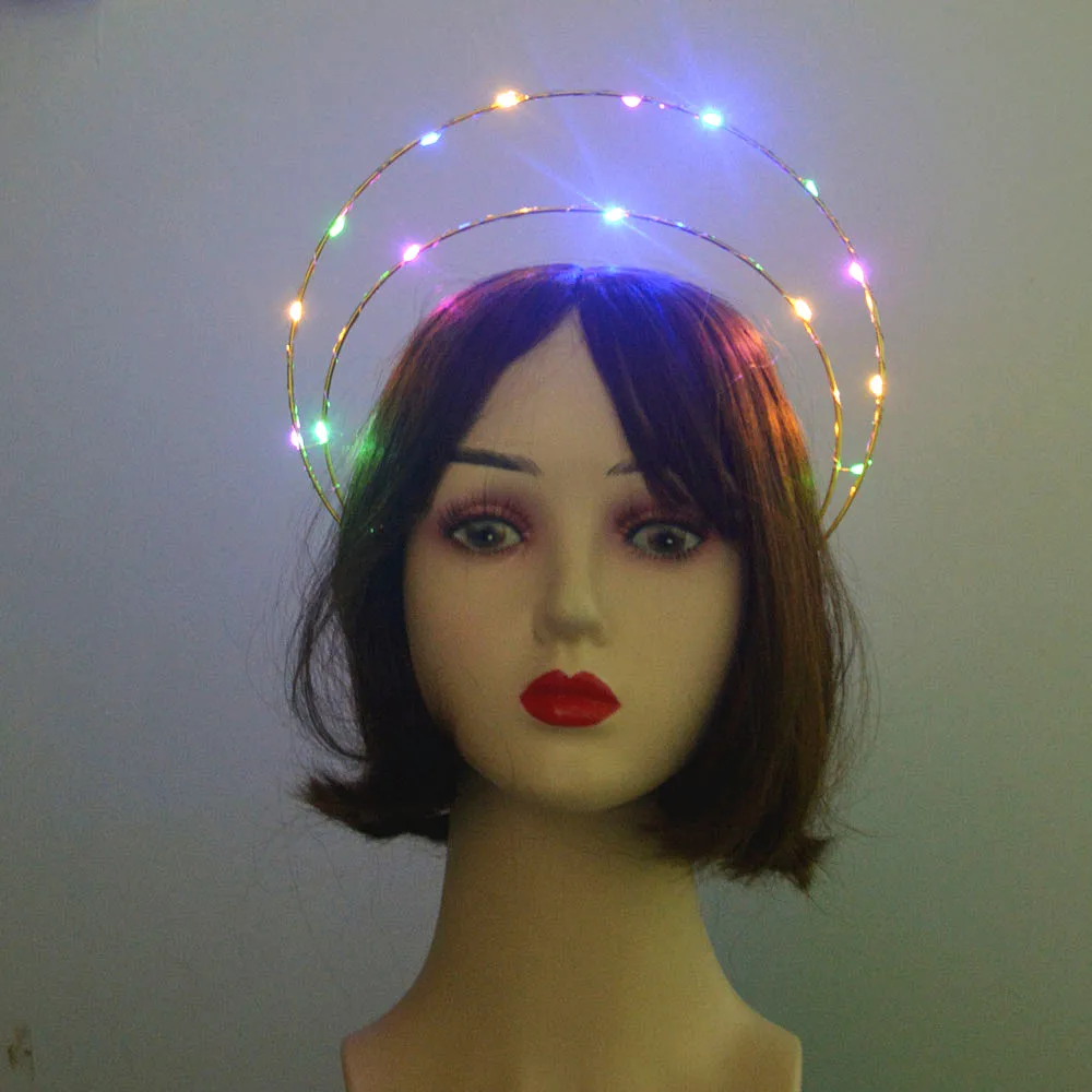 Glow Light Up Godin Crown Angel Bridal Gold Halo Hoofdband Veer Bloem Haarband Verjaardagsfeestje Heks Koningin Haar Slijtage Cadeau: Deep Sapphire