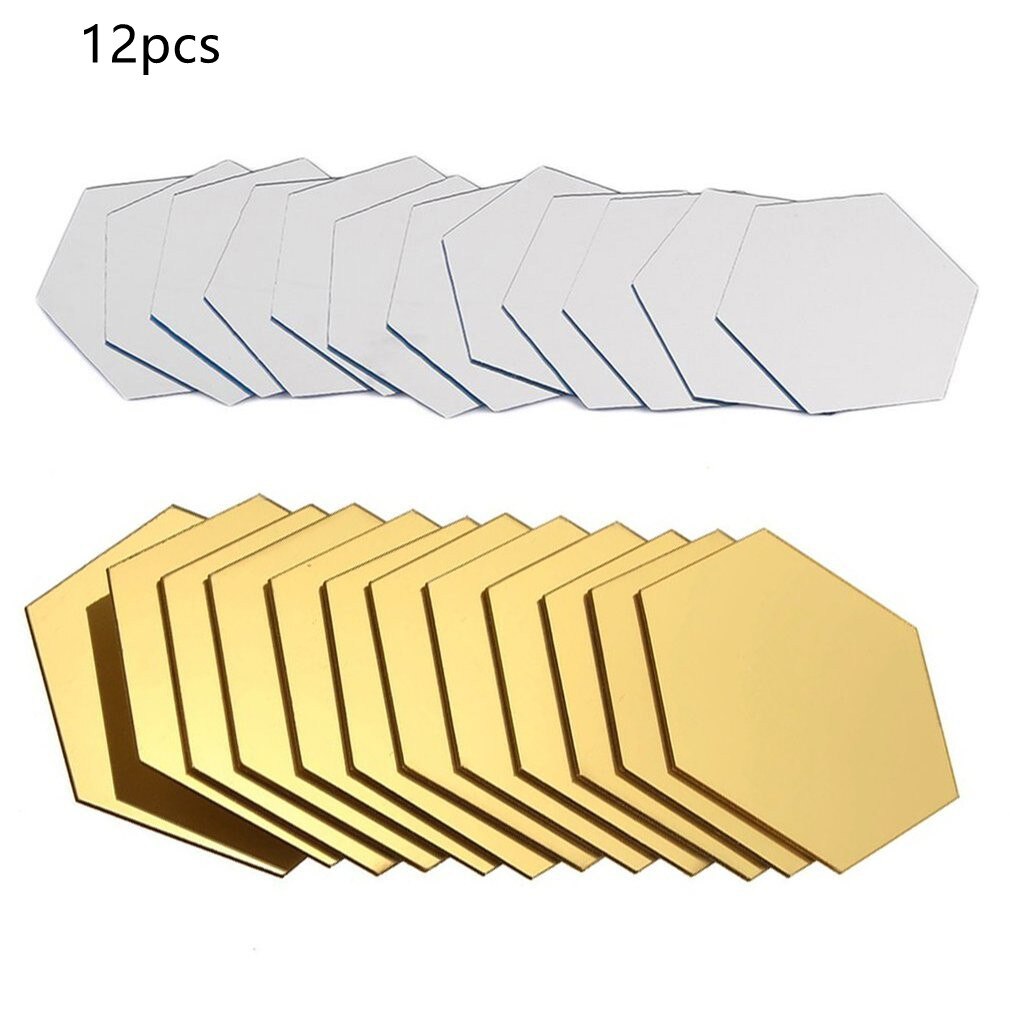 12 Pieces Self Adhesive Reflective Acrylic Wall Sticker Hexagon Stereo Mirror For Mirror Decals Home Decor