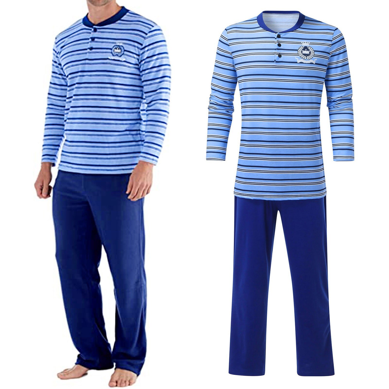 Man Long Sleeve Soft Pajamas Sets Pole Lining Of Blue Striped Top+Solid Pants Set Button Casual Home service suit Sleepwear