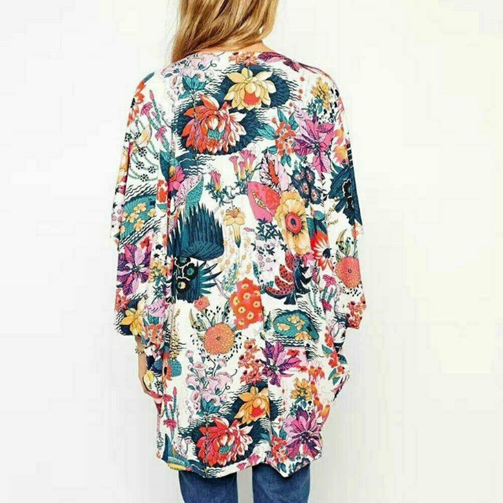 Vrouwen Bloemenprint Chiffon Losse Sjaal Kimono Vest Top Cover up