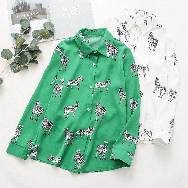QWEEK Satin Blouse Women Silk Zebra Print Shirts Long Sleeve Vintage Office Ladies Tops Femme Green Blouses