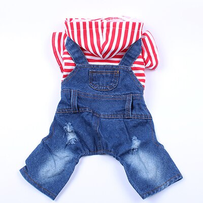 Hond Kat Denim Gestreepte Jumpsuit Hoodie Jean Pet Puppy Jas Lente/Zomer Kleding Kleding 3 Kleuren: Red Striped / L