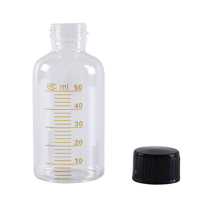 50ml ronde glazen reagensflessen, plastic zwarte schroefdop, schroefdeksel, schaalverdeling, monsterflesjes