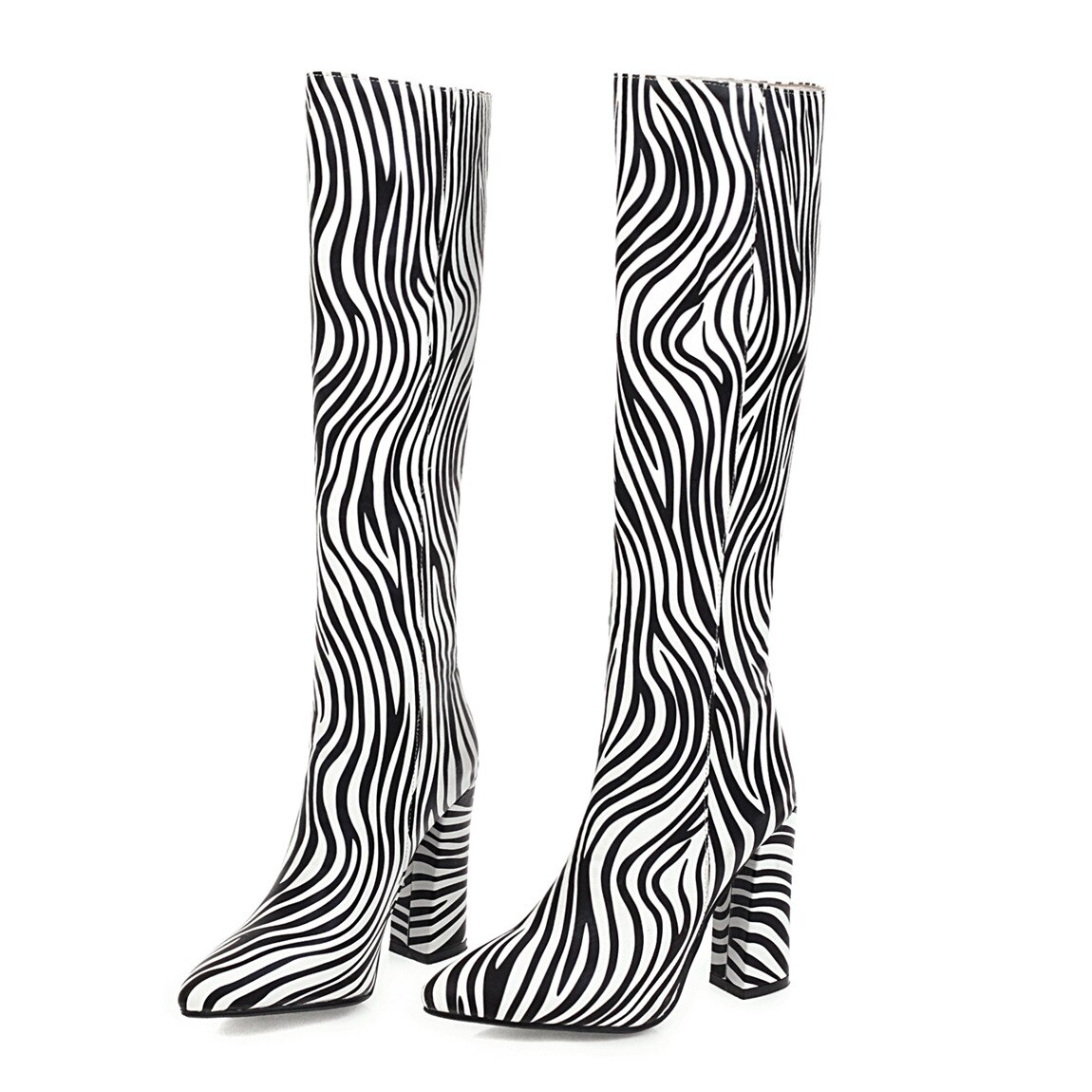 Zèbre rayures bottes femmes carré talons hauts genou bottes simili cuir printemps automne dames chaussures blanc