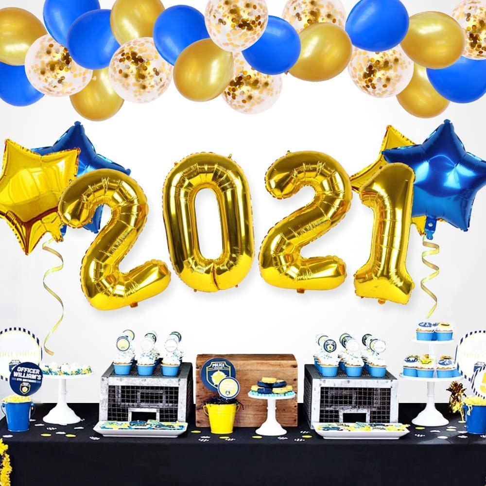 29Pcs Happy Year Balloon Set 40inch Foil Number Balloon Graduation Celebration Welcome Blue Gold Party Decorations
