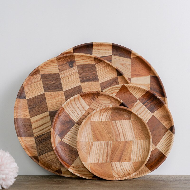 Grid Pattern Solid Wood Pan Plate Fruit Dishes Saucer Tea Tray Dessert Dinner Bread Wood Plate