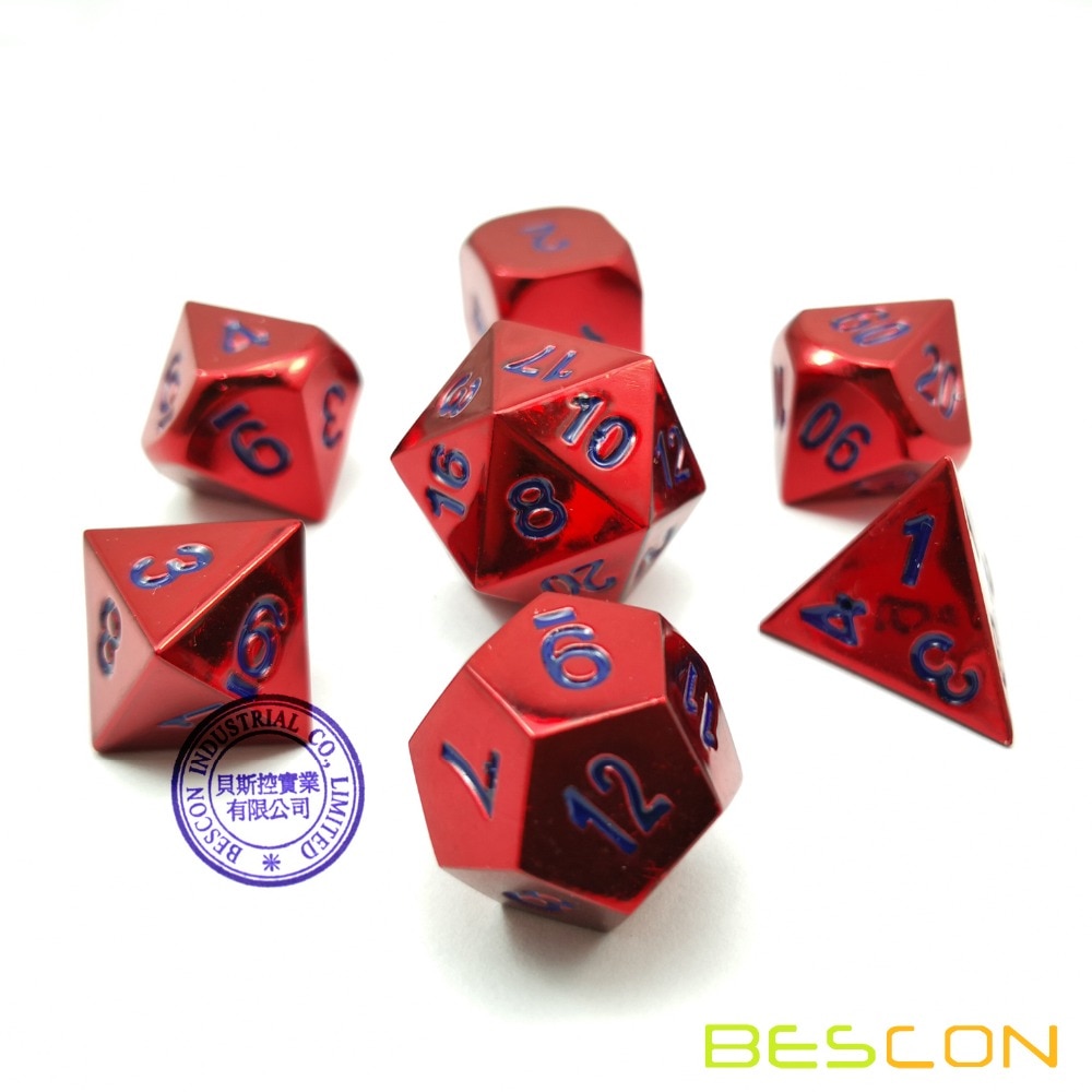 Bescon 7pcs Set Heavy Duty Metal Dice Set Glossed Color of Wine, Solid Metallic Polyhedral D&D Dice Set Wine Red w/ Blue Numbers