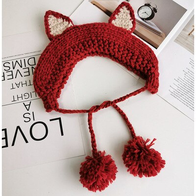 K72 fascia Dei Capelli Del bambino dei bambini Del Cappello di Inverno di Autunno Berretto di Lana bambino Paraorecchie Tenere in Caldo in Inverno Carino Orecchio di Gatto cappello di Lana pizzo-su: K72-rosso
