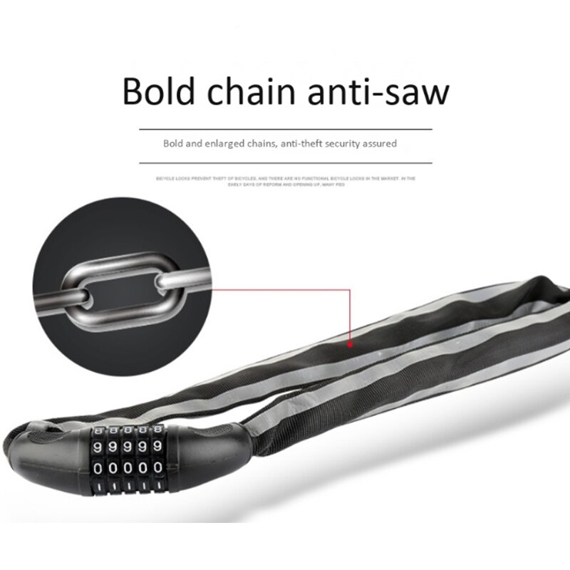 Sykkel reflekterende kjedelåser ,5-- sifret tilbakestillbare kombinasjon motorsykkel sykkelkjede kabellåser