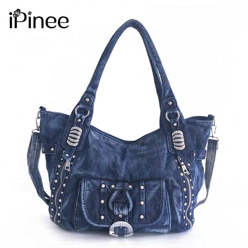 Ipinee alta qualidade denim mulheres bolsa casual grande capacidade hobos saco venda quente feminino totes bolsas de ombro