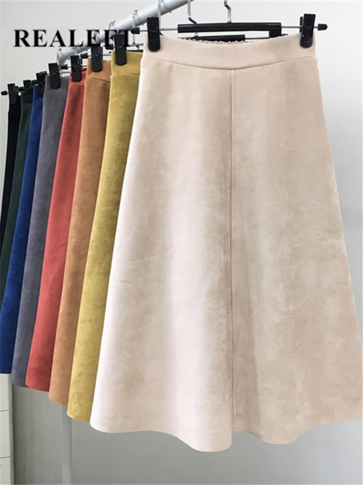 REALEFT 2023 Otoño Invierno mujeres gamuza Midi faldas de cintura alta multicolor A-Line faldas paraguas señoras falda femenina