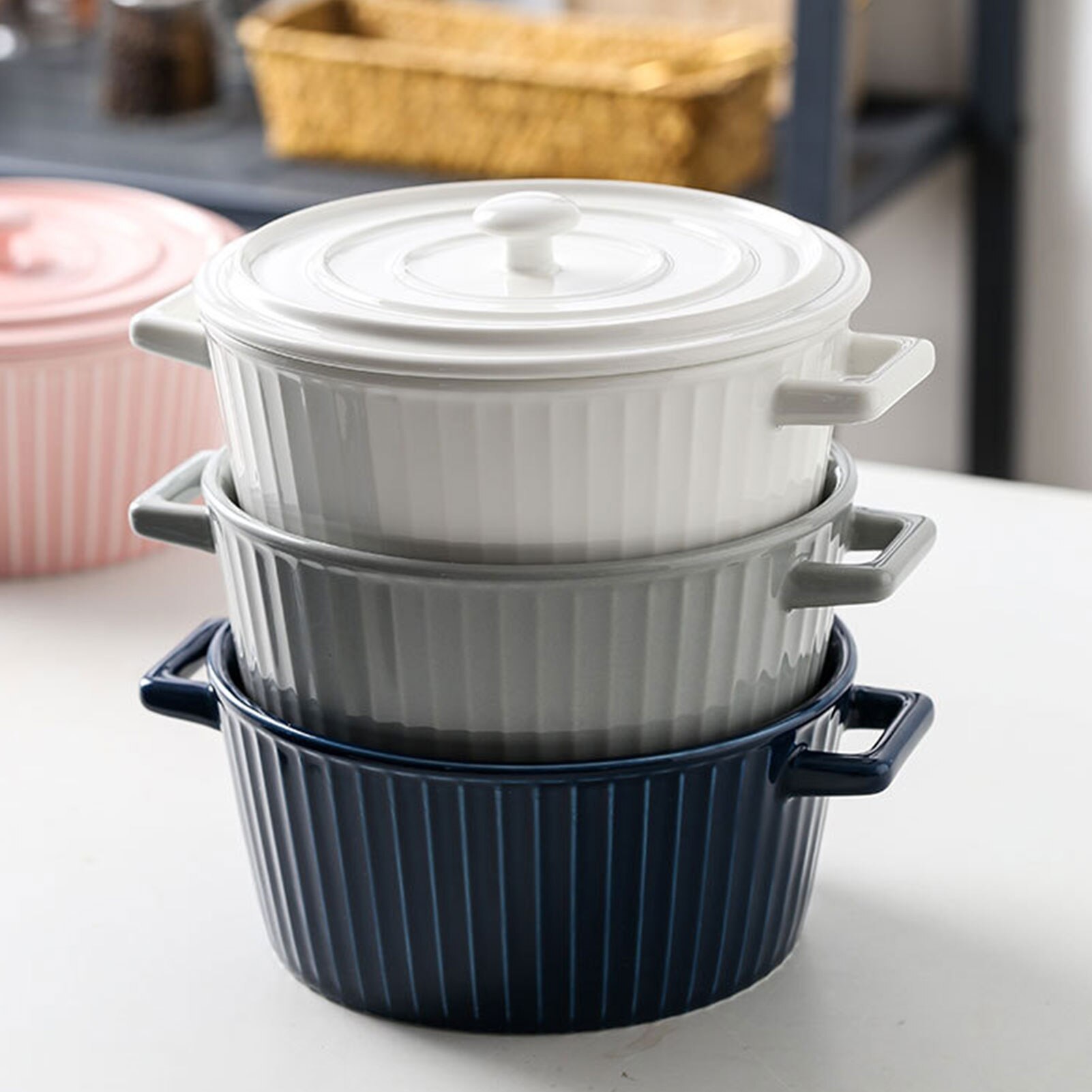 Grand bol à soupe en céramique de 1200ml, avec couvercle et poignée, ustensiles de cuisine, vaisselle