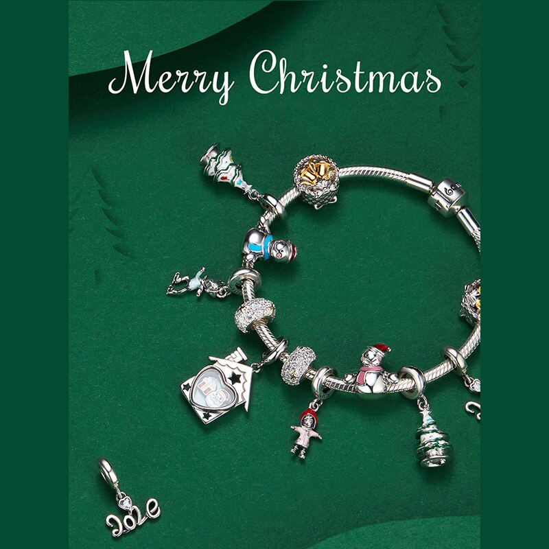 WOSTU 925 Sterling Silver Perline Albero Di Natale Babbo natale Pupazzo di Neve Fiocco di Neve di Fascino Fit Bracciale Originale Del Pendente Dei Monili del Regalo