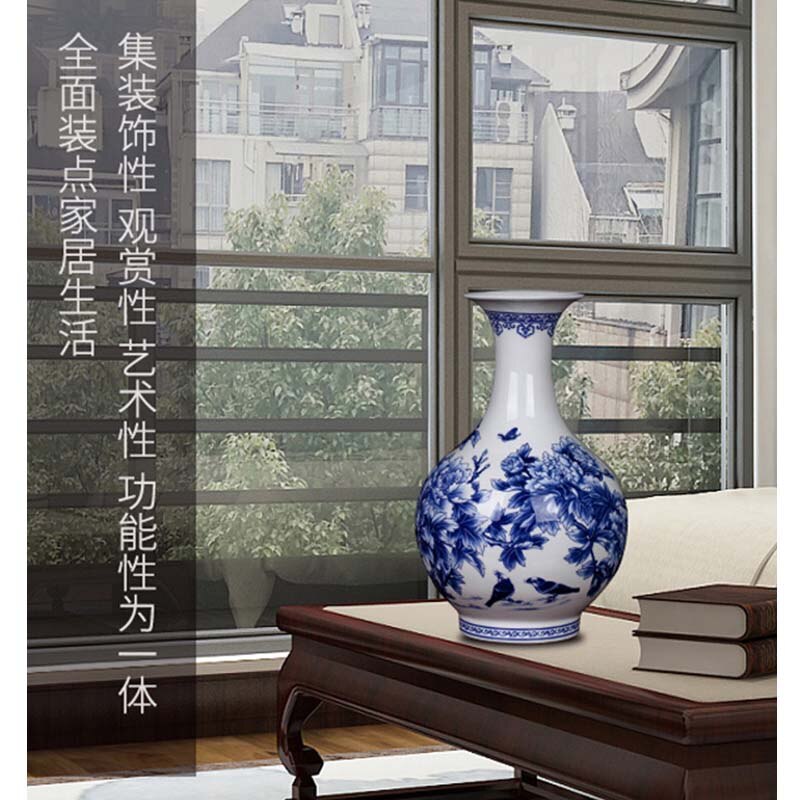 Jingdezhen Keramische Chinese Pioen Bloem Vaas Blauw En Wit Porselein Ornamenten Lliving Fijne Bone China Vaas Decoratie