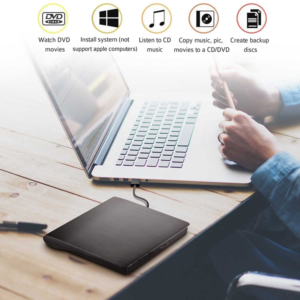 USB 3.0 DVD-ROM Optical Drive External Slim CD ROM Disk Reader Portable Desktop PC Laptop Tablet Promotions DVD Player