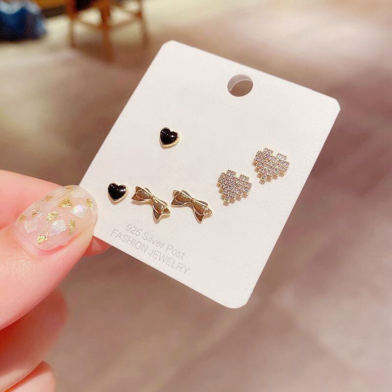 Mischarten Kleine Bowknot Herz Ohrringe einstellen Gold Farbe kubisch Zirkon Gepflastert Zucht Ohrringe für Frauen Mädchen