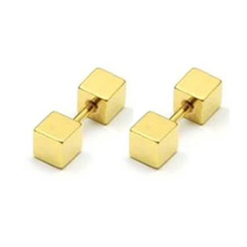 Pendientes cuadrados geométricos de doble cara para mujer/hombre, tornillo de acero inoxidable, Pin fino para oreja, joyería pequeña para hueso del oído, 2 uds.: Blanco / Color amarillo dorado claro