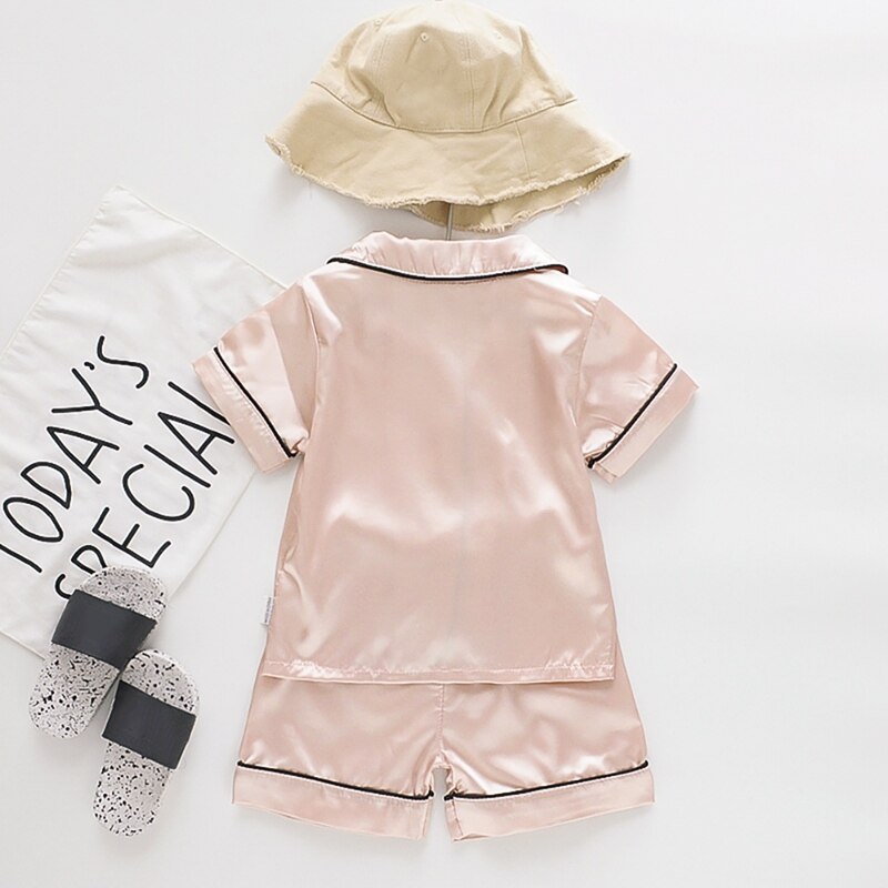 Baby Boys Girls Solid Color Print Nightwear Set Toddler Kids Short Sleeve Blouse Tops+Shorts Sleepwear Pajamas Style