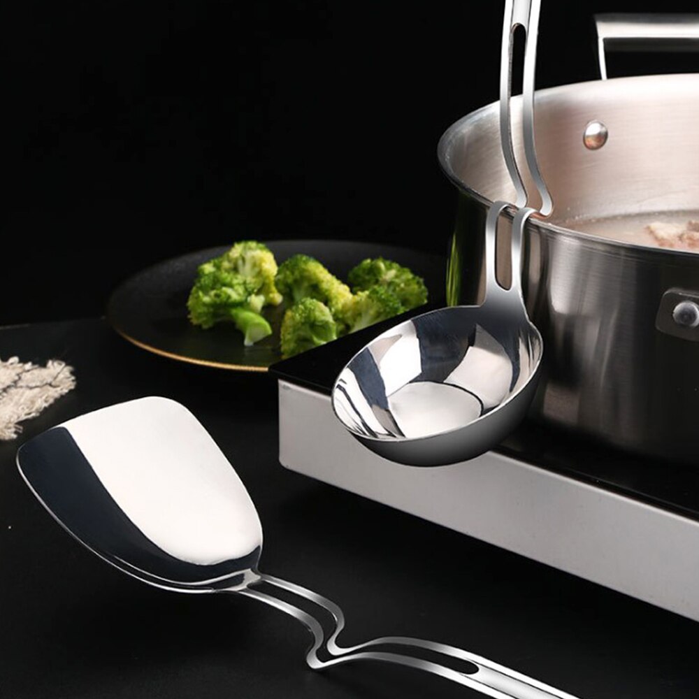 Stainless Steel Hanging Ladle with Unique Curved Handles pot soup spoon thickening Side Rest Ladle 13 inches