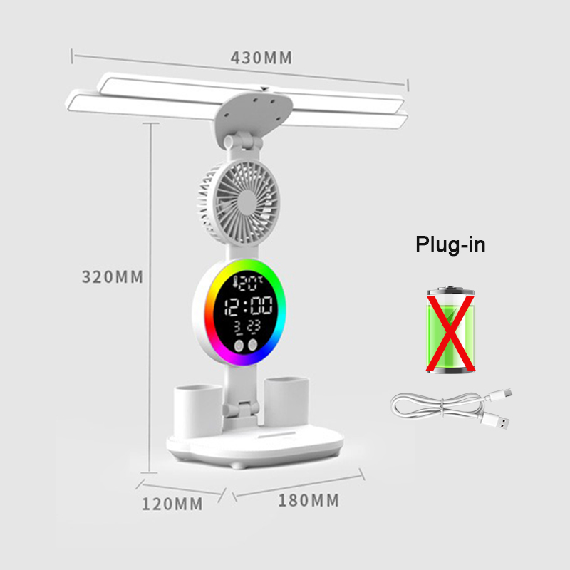 Oplaadbare tafellamp voor studie, leeslamp voor bureaulamp Led-tafellamp met ventilator, leeslamp met led-klokdisplay: Blauw