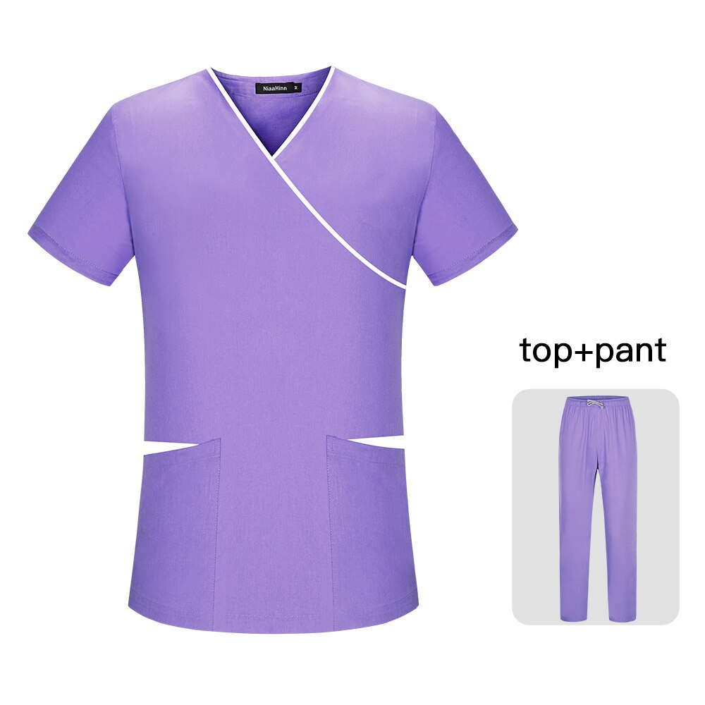 Mężczyźni i kobiety V-neck Spa mundury topy + spodnie garnitury fartuch laboratoryjny służba zdrowia praca Scrubs odzież robocza krótkie rękawy scrubs Uniform: Purple / L